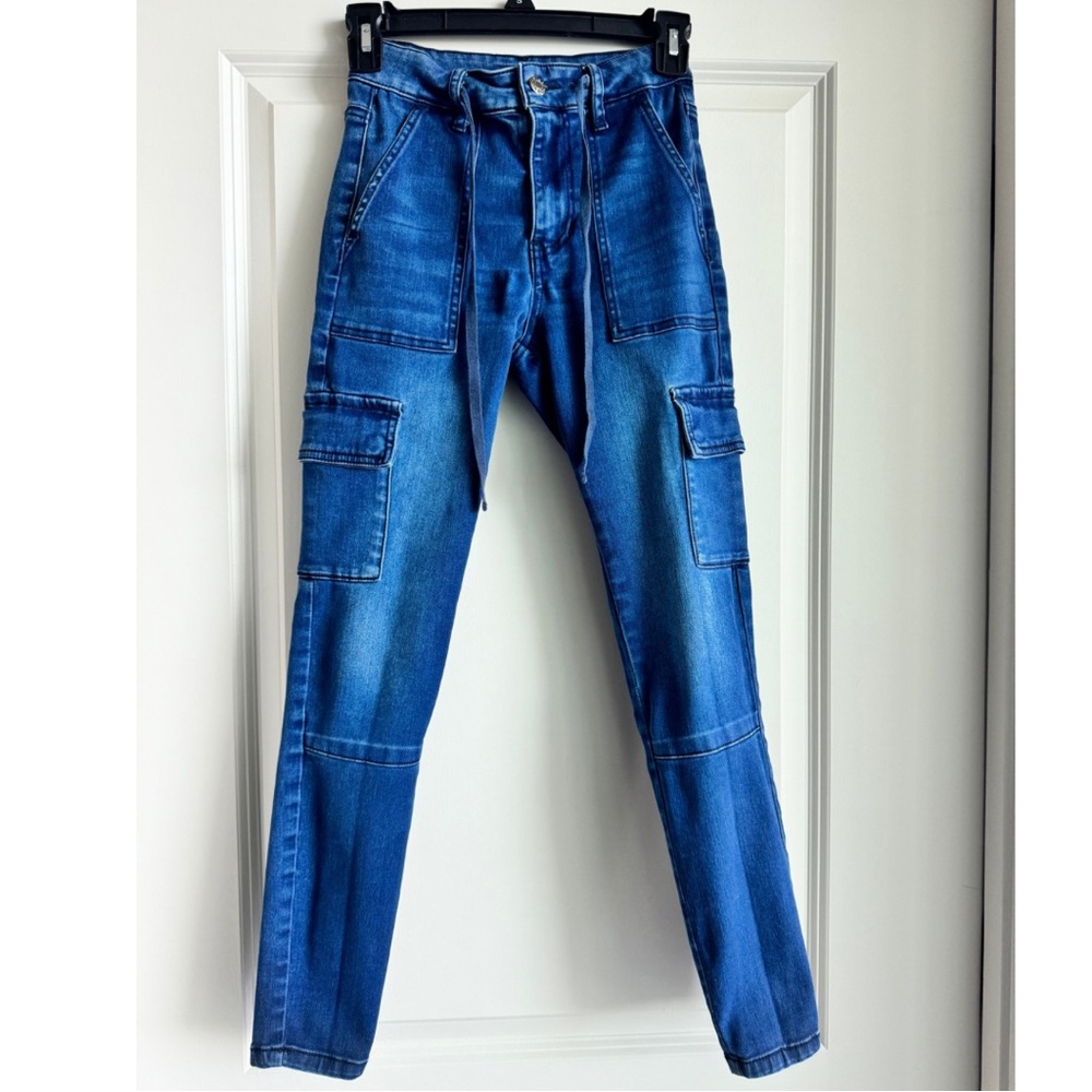 Guess Blue Denim Medium Wash Cargo Skinny Jeans Drawstring 6 Pocket Pants